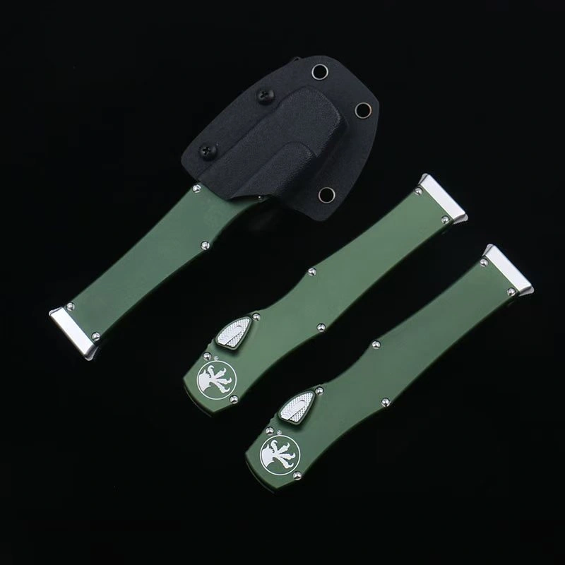 OTF micro-tech green handle Halo 6 lever straight jump knife