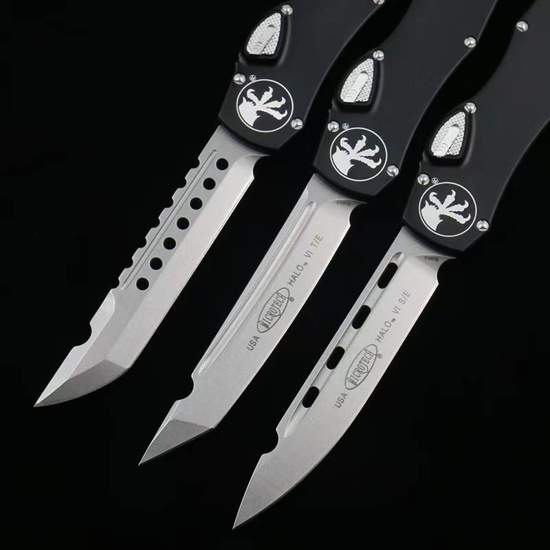 OTF micro-tech black handle Halo 6 lever straight jump knife